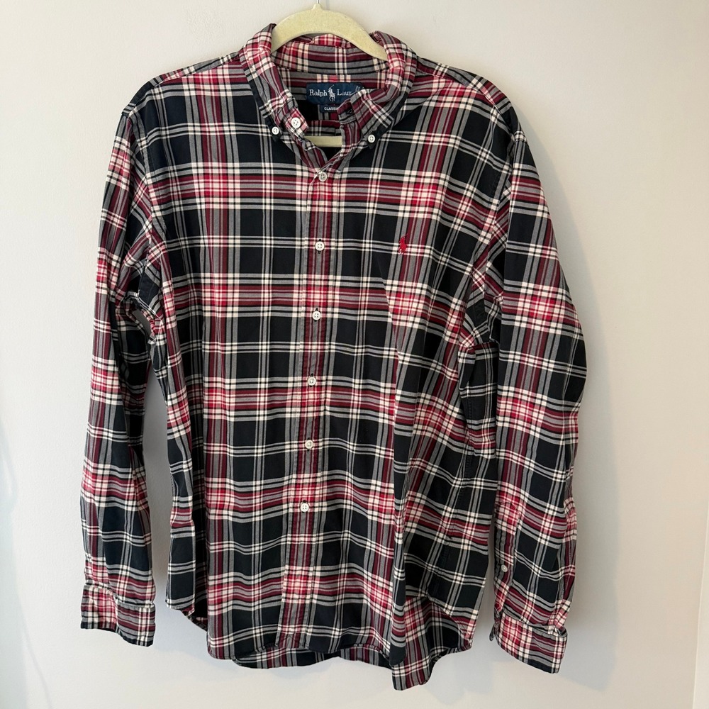 Ralph Lauren Classic Fit Plaid Button Down Shirt Mens XL Black Red White‎ Cotton